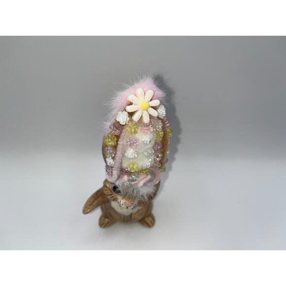 Vintage Ceramic Dancing Easter Bunny With Poof Faux Fur Flower Hat Deb O. OOAK - Picture 4 of 16